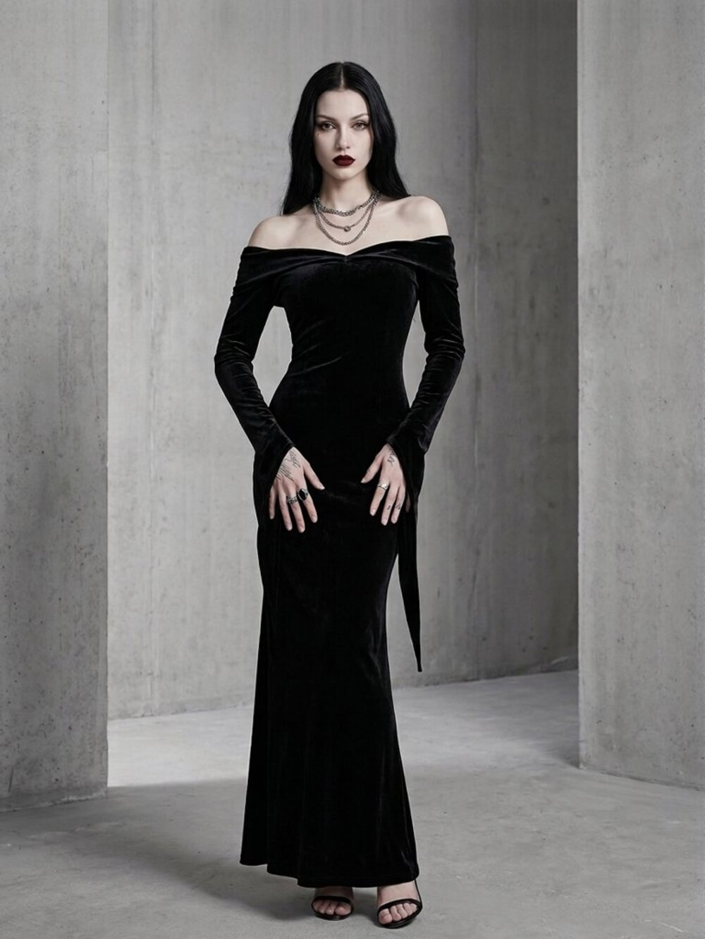 SUMMERWEEN MORTICIA ADDAMS | ELVIRA| SEXY VAMP VELOUR DRESS | HALLOWEEN COSTUME